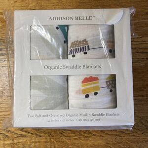 Addison Belle Organic Muslin Swaddle Blankets 2-Pack Trains/Cars New